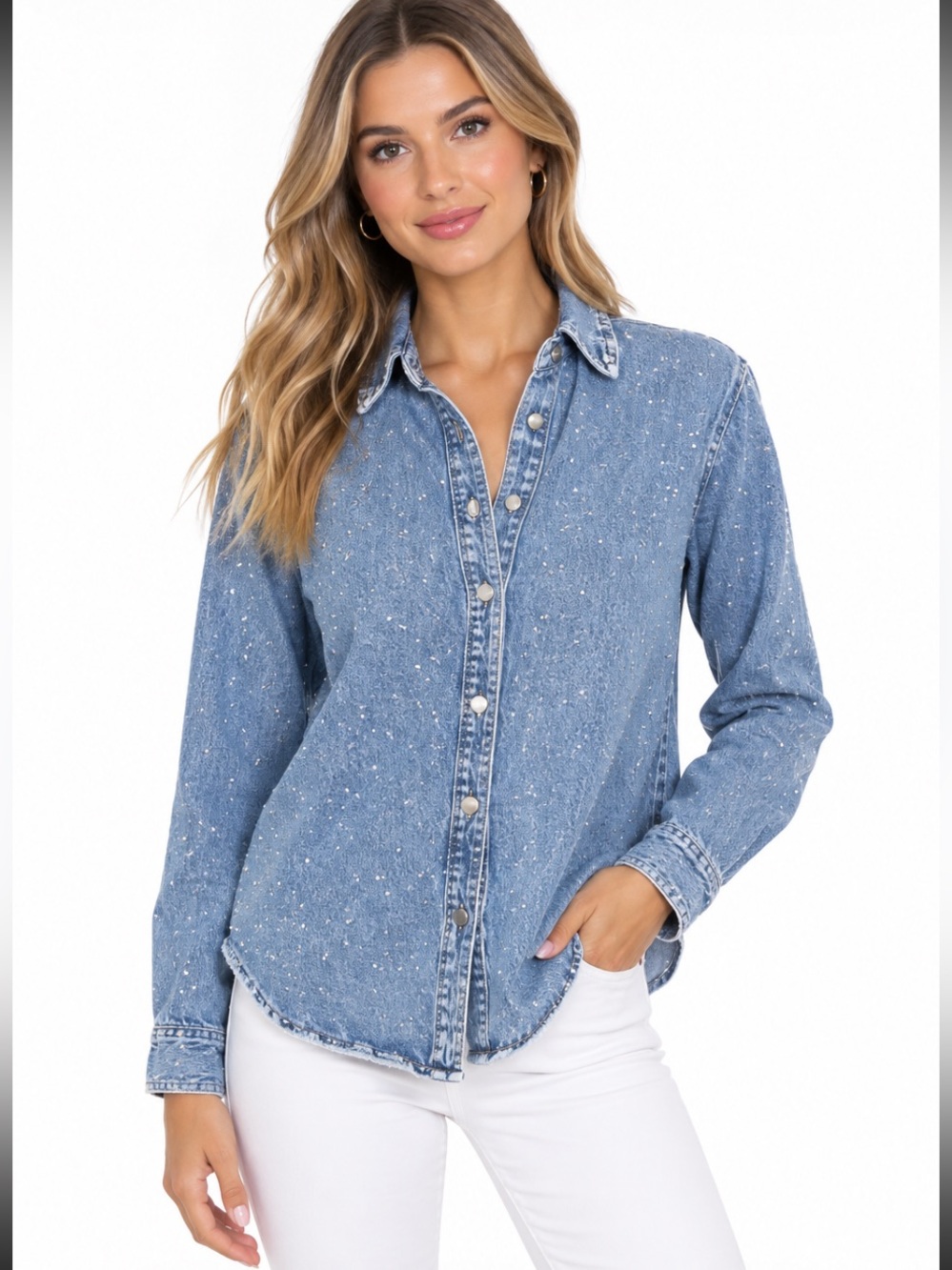 UNIVERSAL THREAD Denim Blue Rhinestone Snap Enclosure Jean Shirt XS NWOT